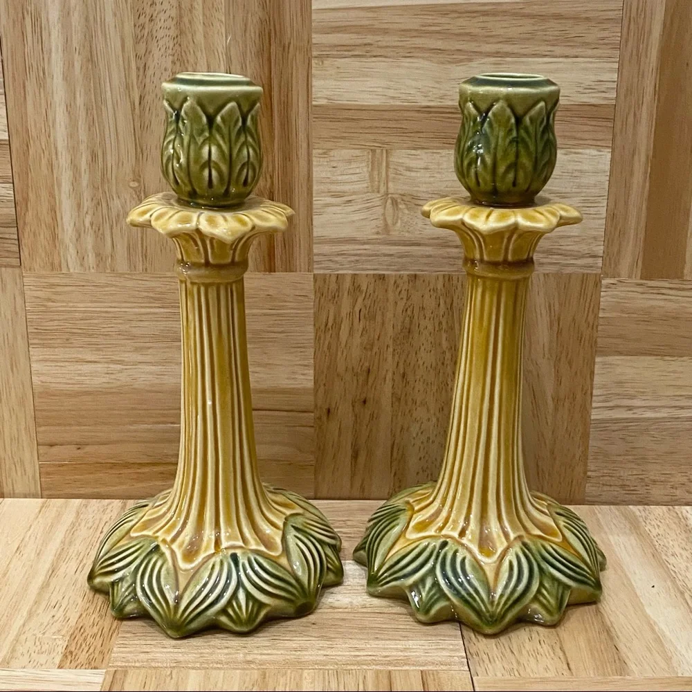 Pair of Sur La Table Portugal Ceramic Glazed Leaf Flower Candle Stick Holder